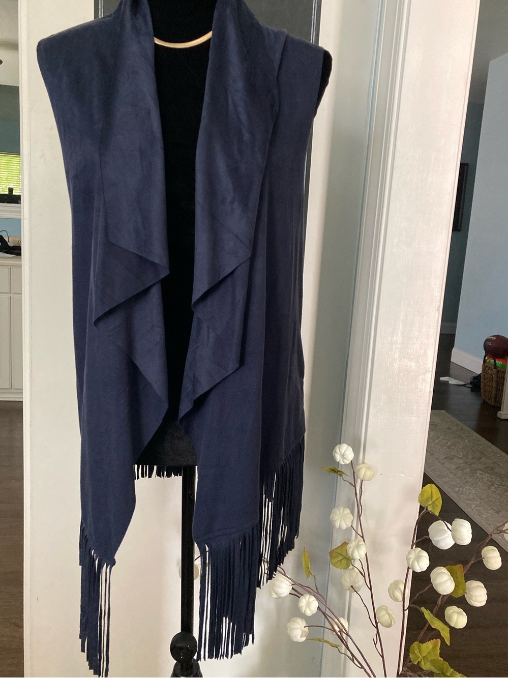 NWOT Navy Blue Draped Fringe Vest Faux Suede Size Large